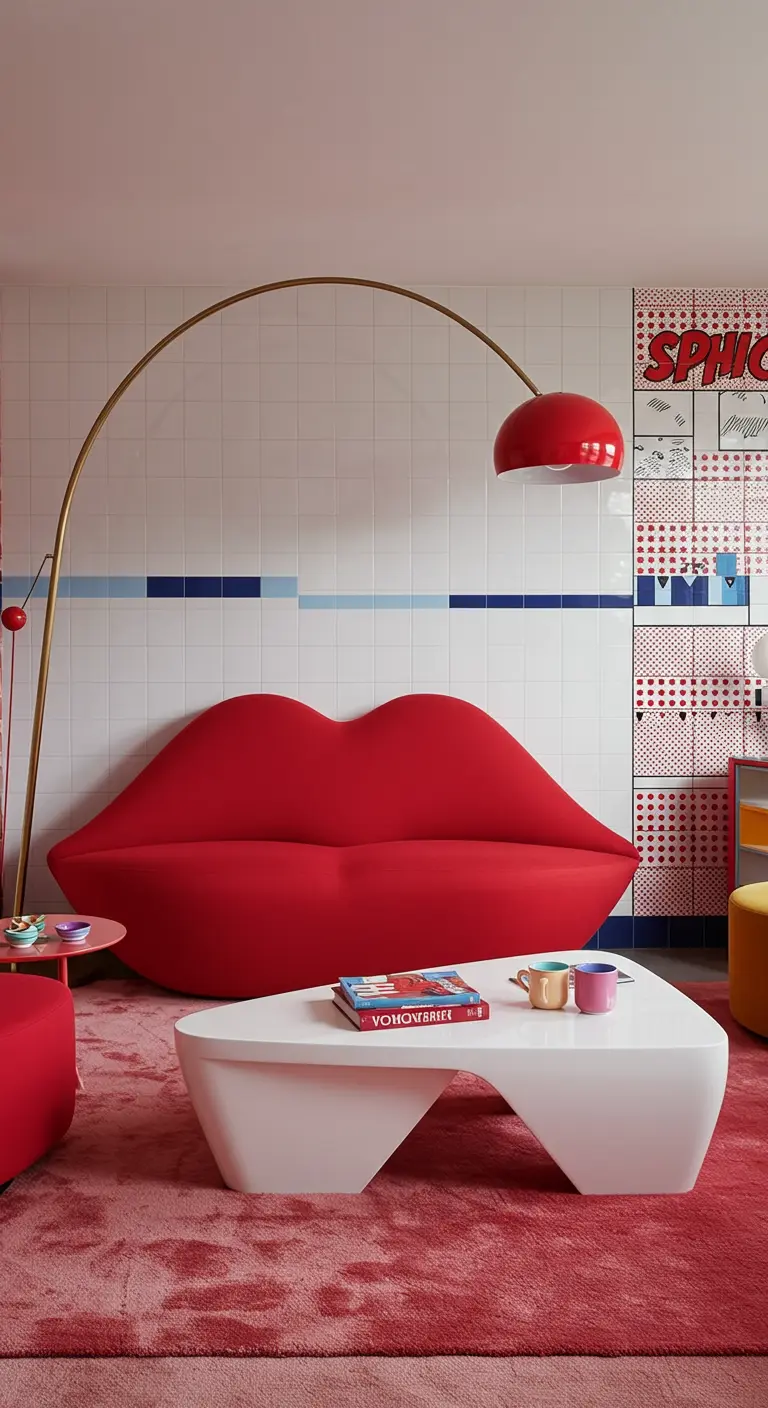 A Pop Art-inspired room with a red lip-shaped sofa set against a white tiled wall with colored stripes.