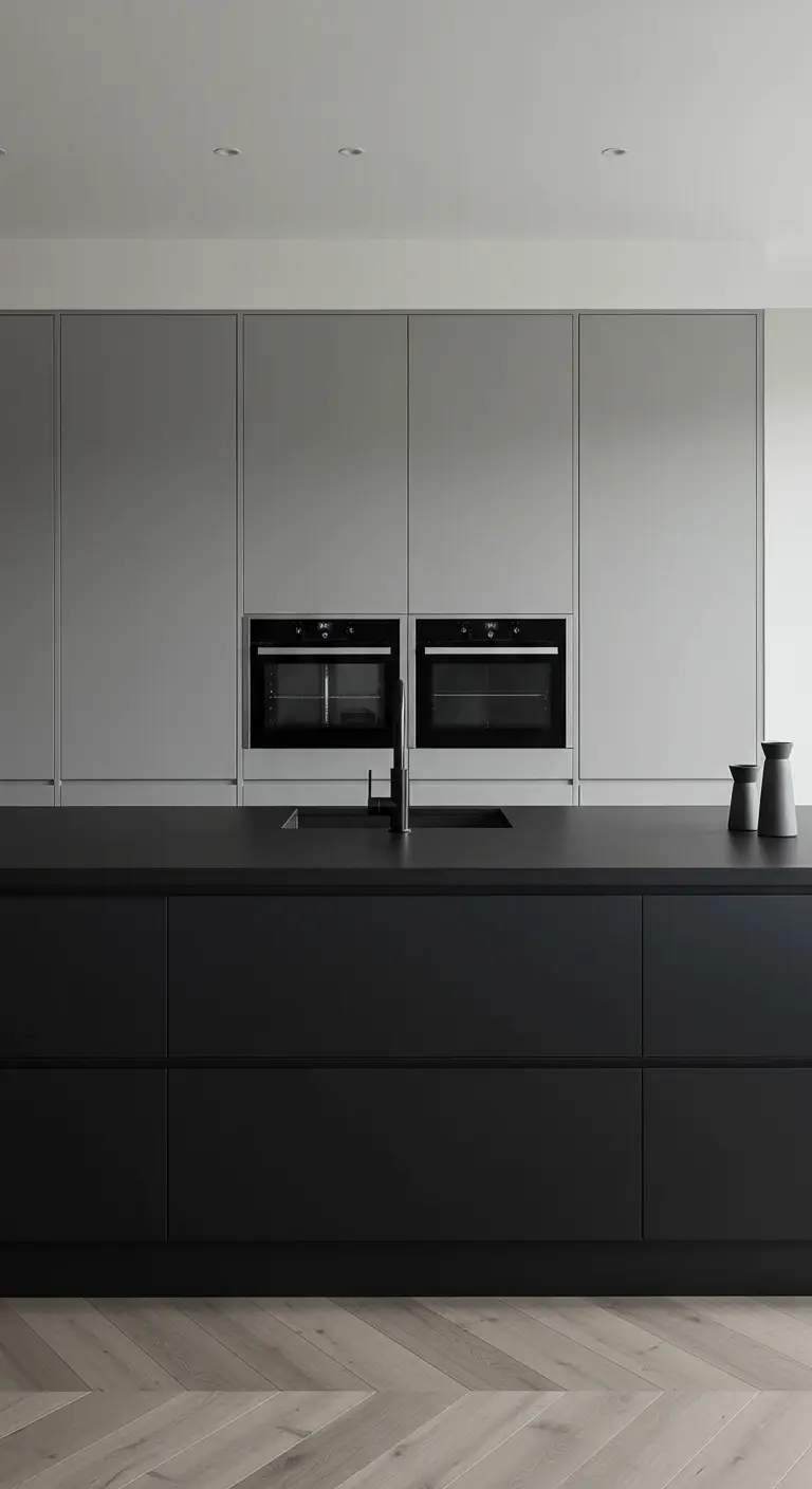 A kitchen with a matte black island, light grey wall cabinets, and light herringbone wood floors.