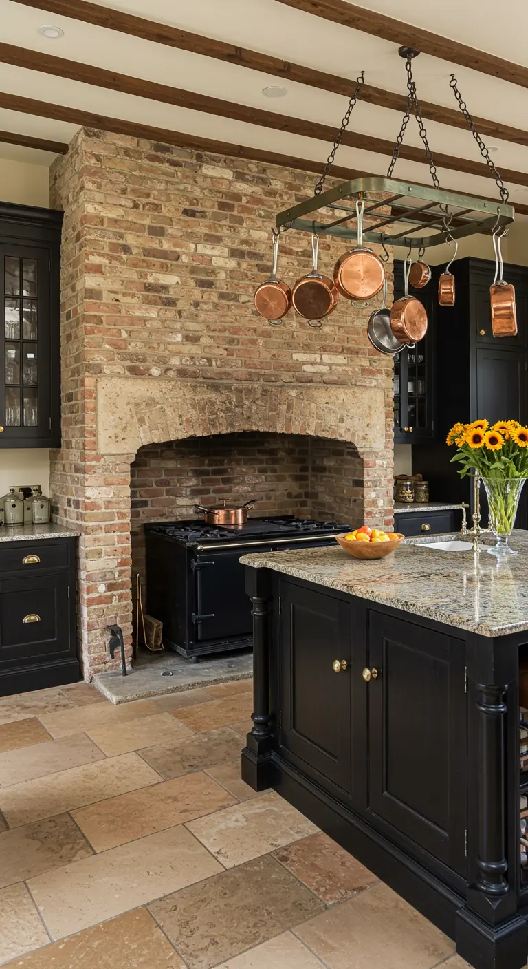 Country kitchen with a large brick hearth around the stove, black cabinets, and a hanging pot rack.