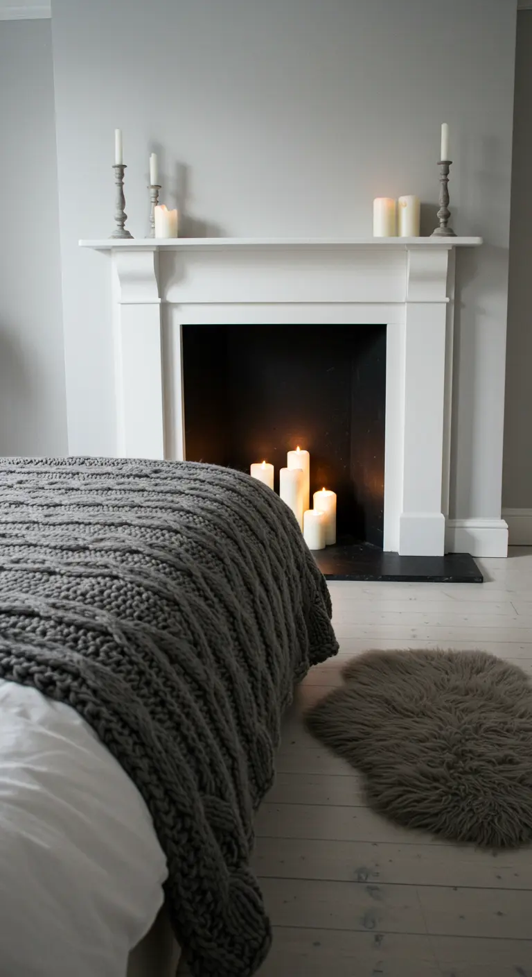 A white fireplace mantel with candles in the hearth, next to a bed with a chunky grey knit throw.