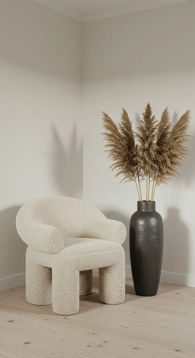 A sculptural cream bouclé chair in a corner next to a tall, matte black vase with pampas grass.