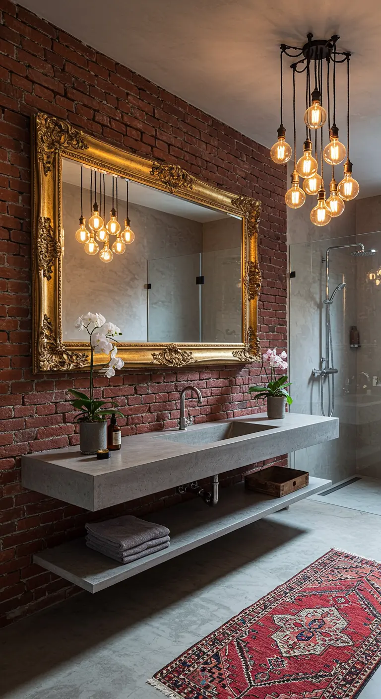 A bathroom featuring a massive ornate gold mirror and a large cluster chandelier against a brick wall.