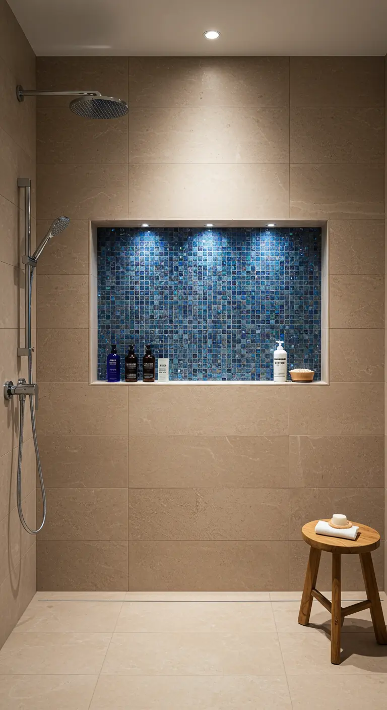 A neutral tiled shower with a recessed niche filled with sparkling blue mosaic tiles and lighting.