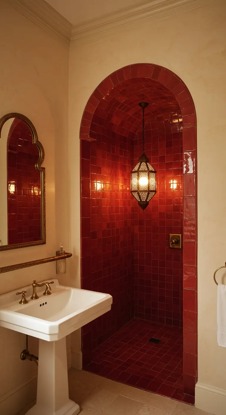 Arched walk-in shower tiled in glossy ruby red zellige tiles.
