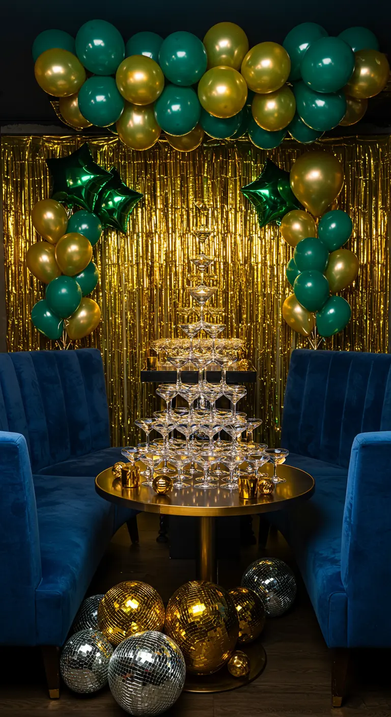 A champagne tower in front of a gold tinsel curtain, framed by emerald and gold balloons.