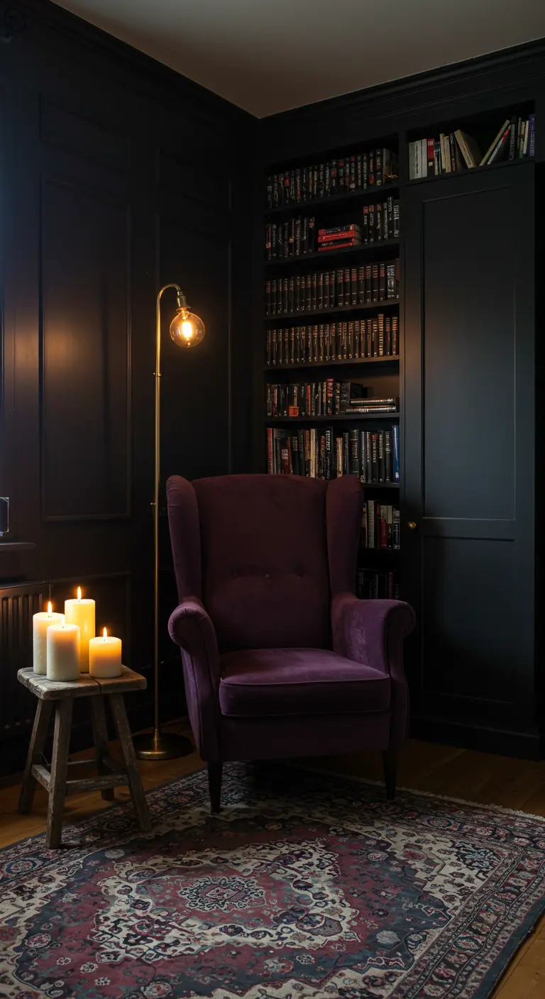 Dark library corner with floor-to-ceiling black bookshelves and a purple velvet wingback chair.