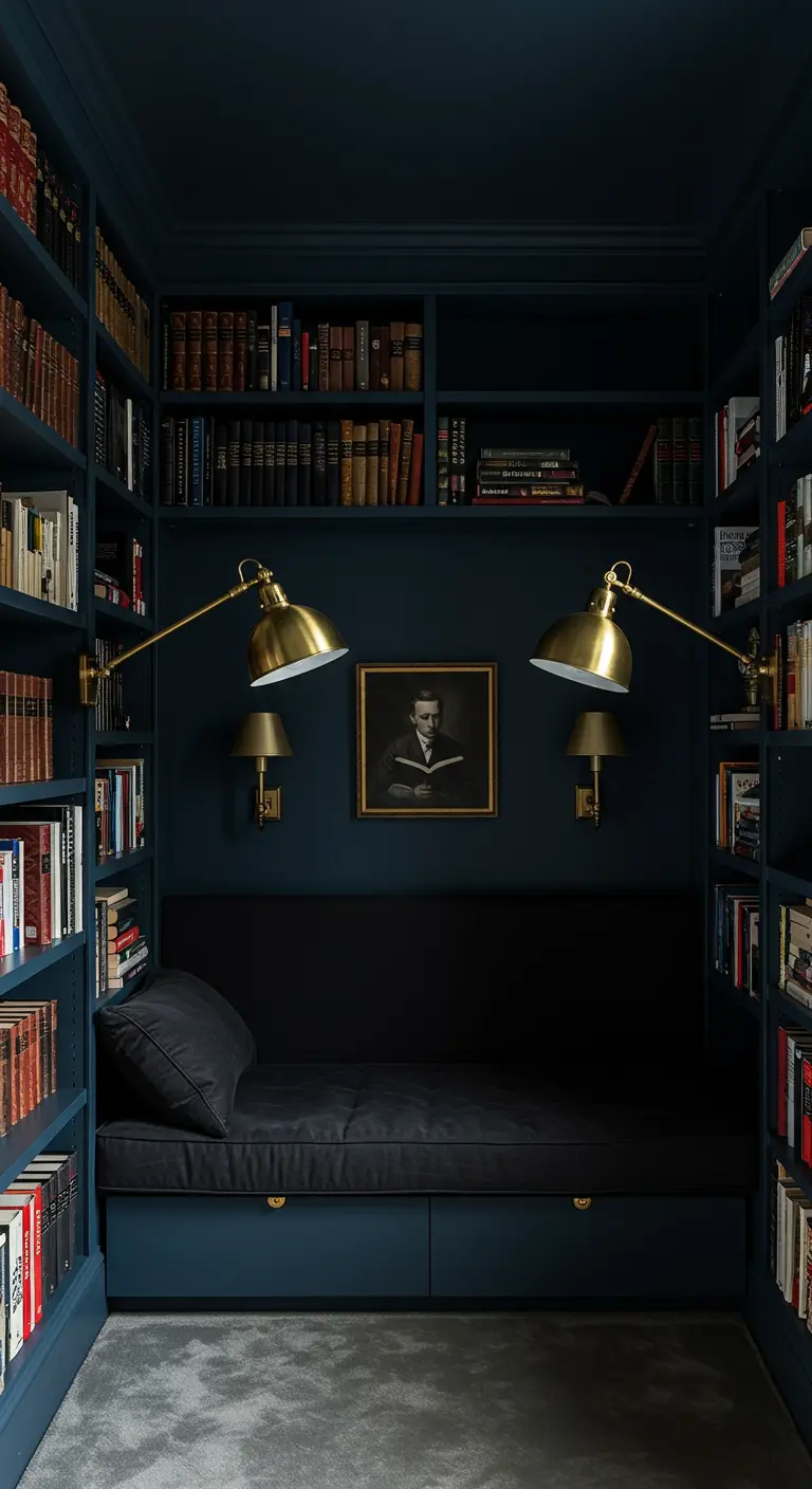 A dark blue library nook with built-in bookshelves and a daybed.