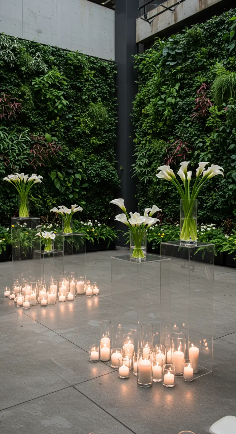 Calla lilies in vases on clear acrylic stands in front of a living green wall.