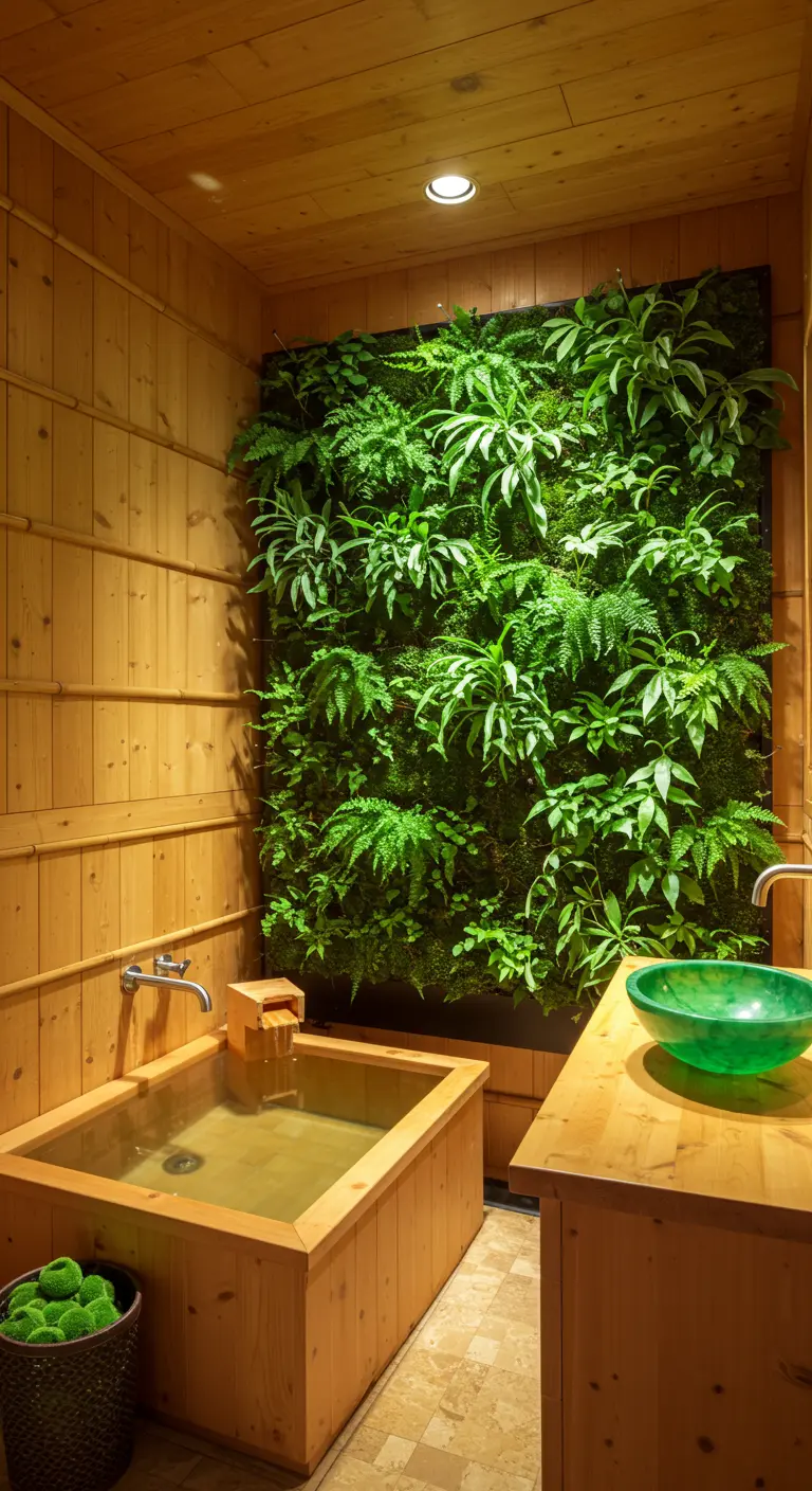 Bathroom with a wooden soaking tub and a large vertical garden wall full of lush green plants.
