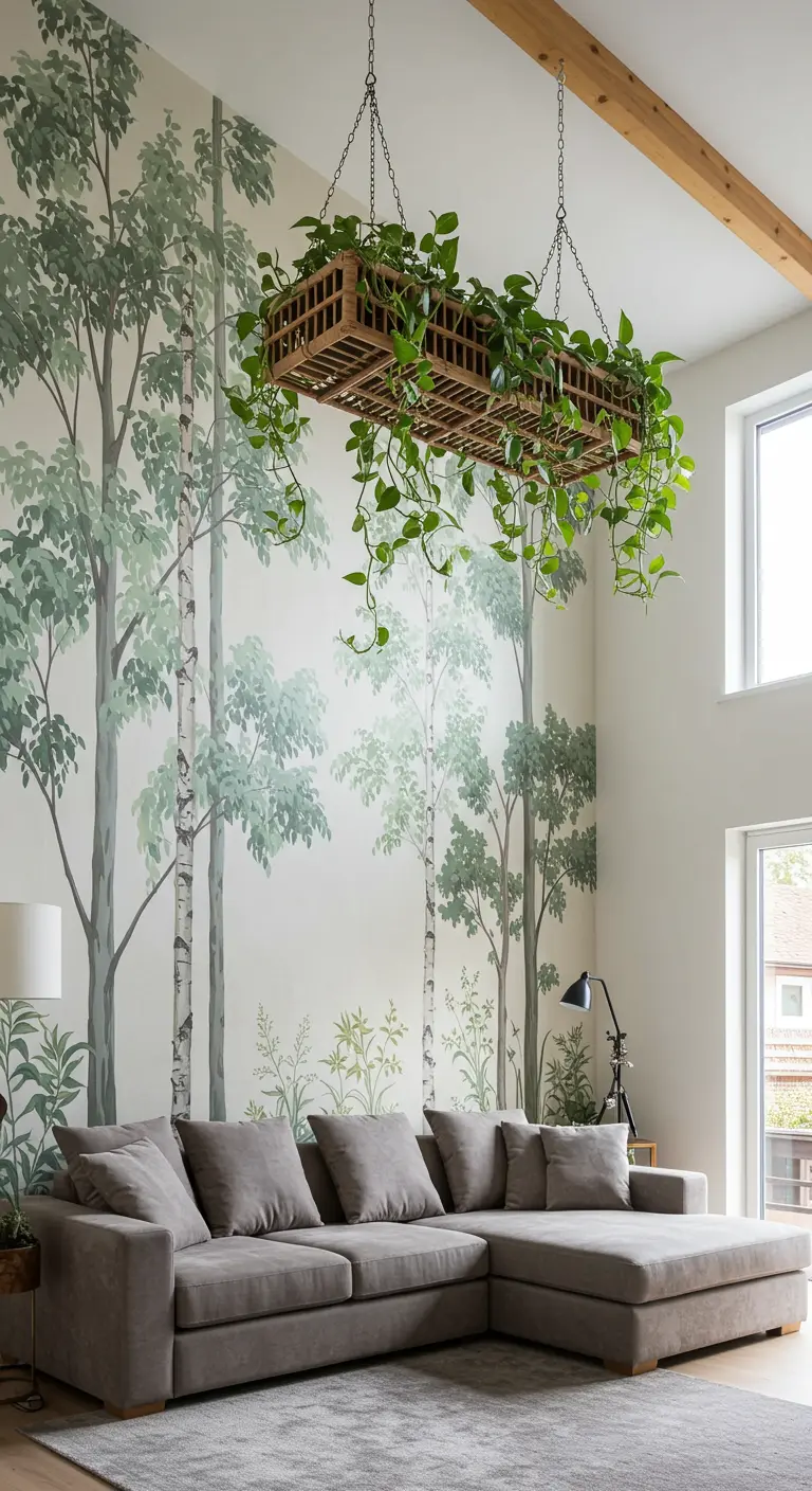 A hanging planter filled with greenery suspended from a high ceiling over a sectional sofa.