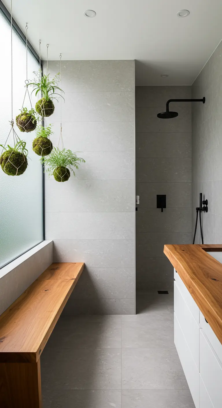 Minimalist shower with kokedama moss ball plants hanging in front of a window.
