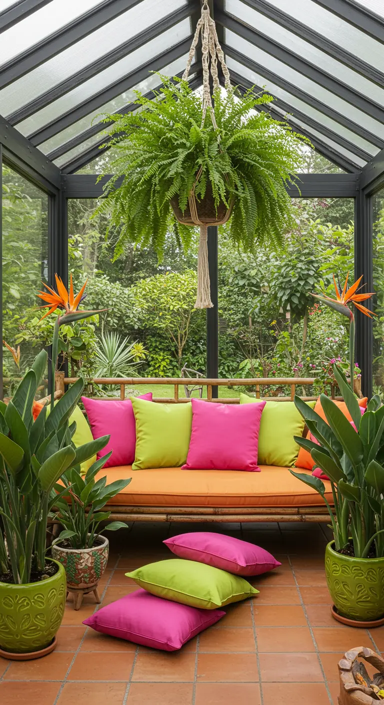 Glass sunroom filled with plants, a bamboo sofa with bright pillows, and a hanging fern.