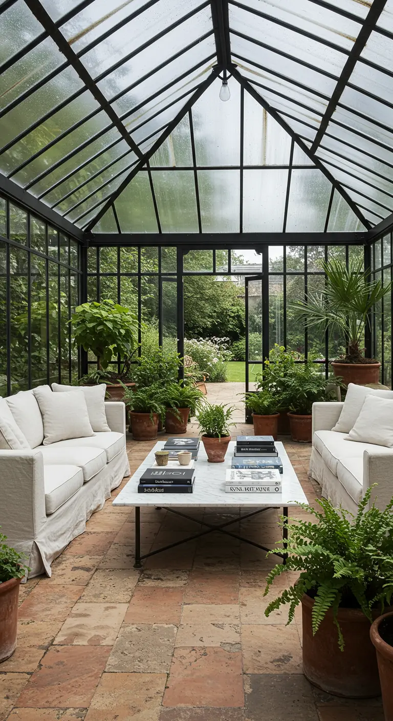 Sunroom living space with white sofas, a marble table, and many potted plants on a terracotta floor.