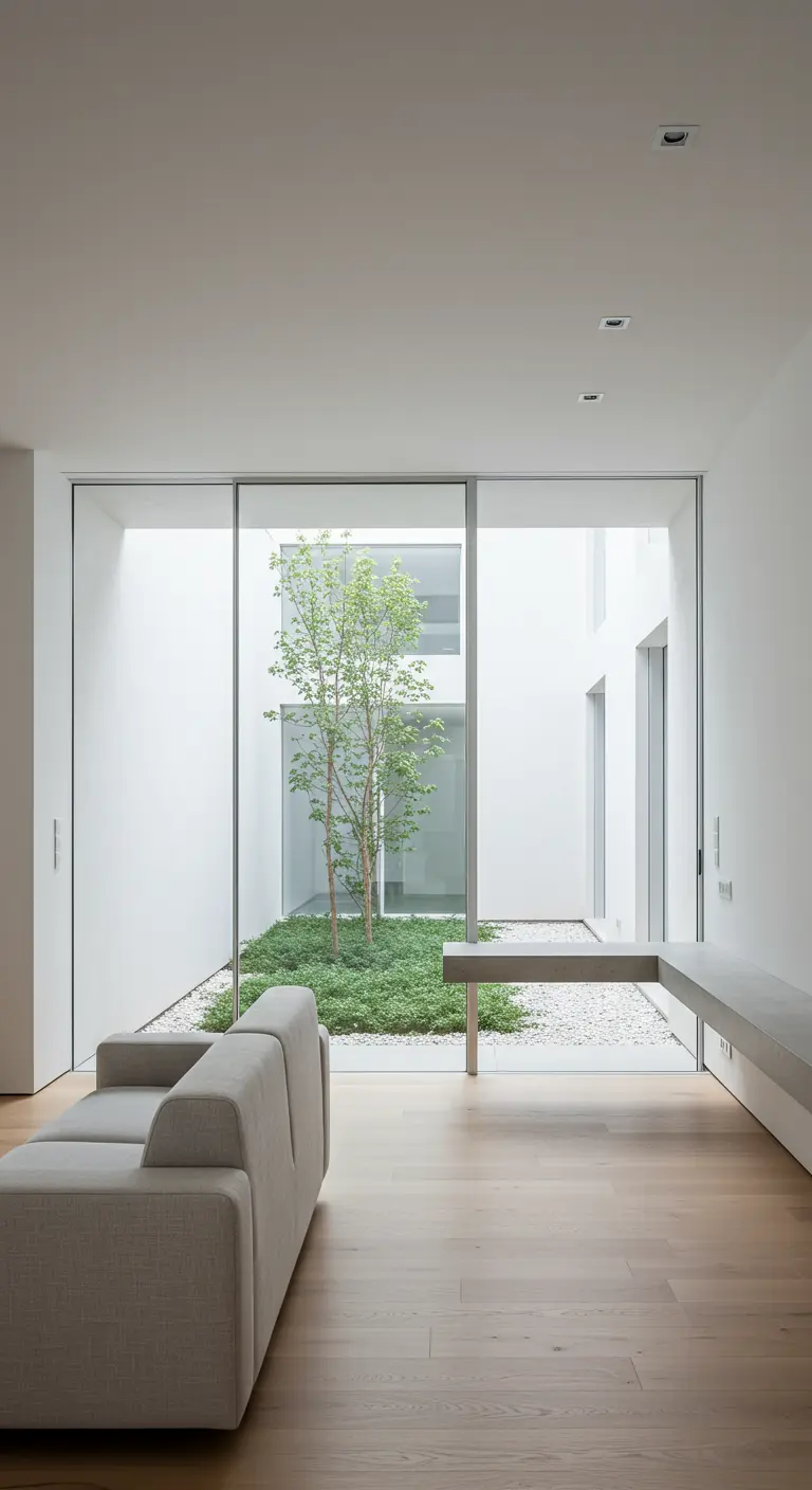 A minimalist living room looks onto a central courtyard with a single tree and white pebbles.
