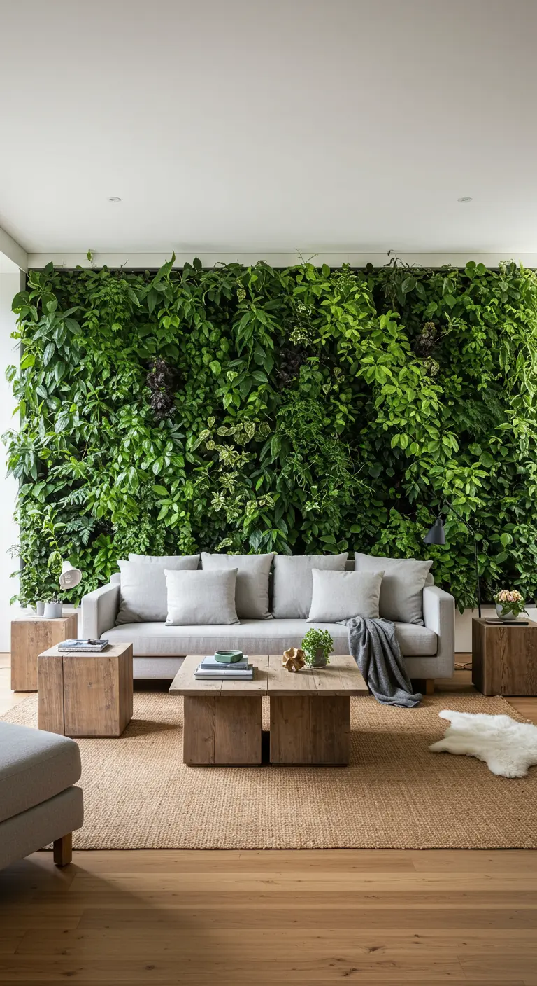 A lush, dense living wall of green plants serves as the backdrop for a simple gray sofa.