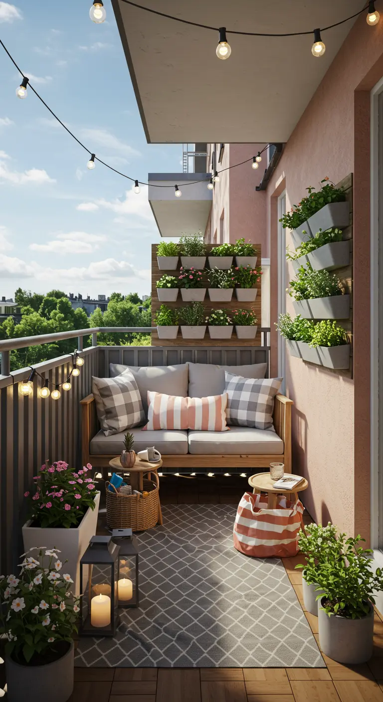 Cozy balcony with a vertical wall planter, a small sofa, and string lights overhead.