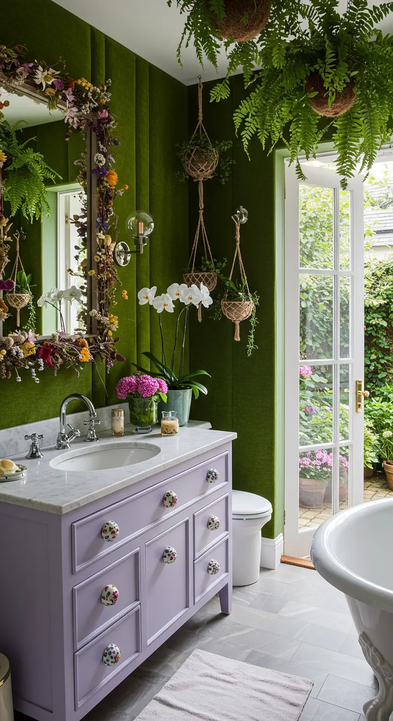 Lush bathroom with an olive velvet wall, a lilac vanity, and abundant hanging plants and flowers.
