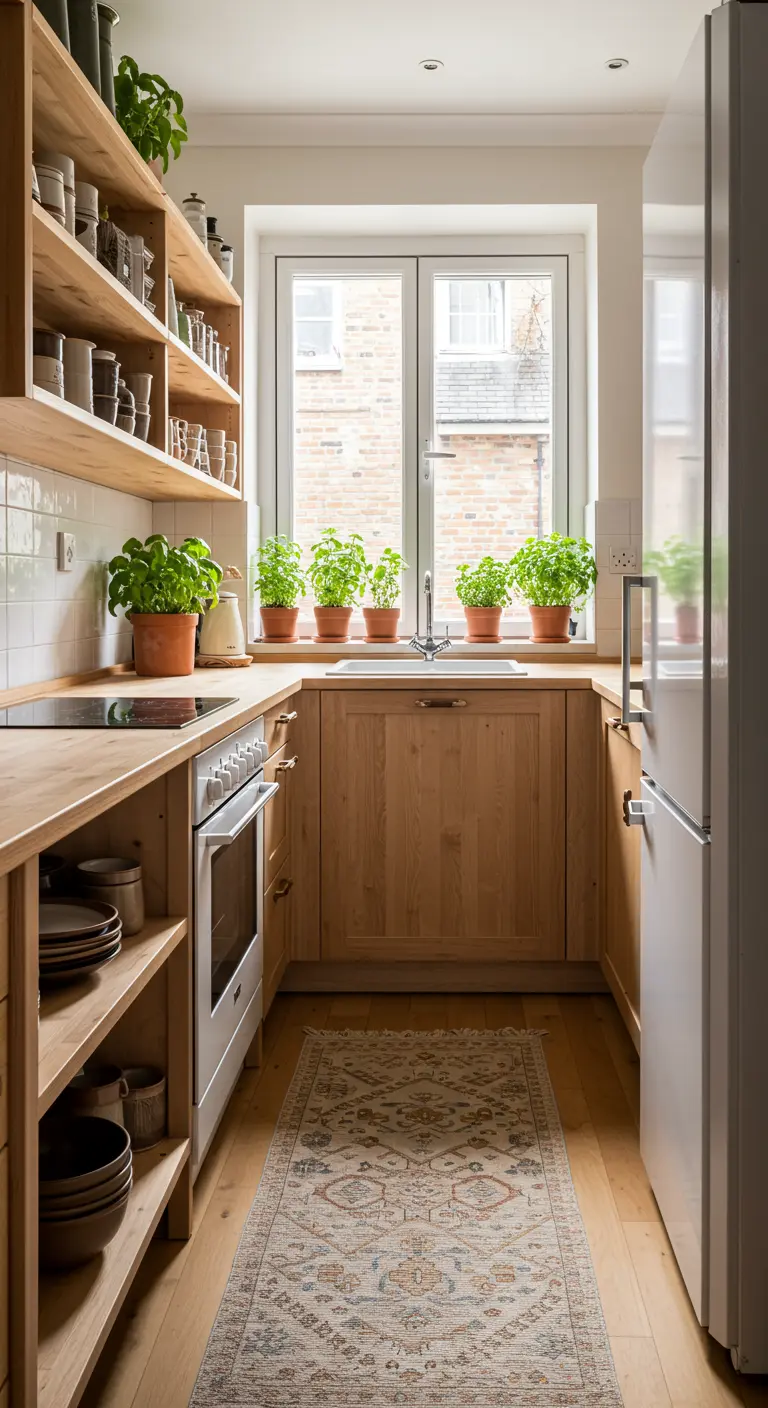 A small U-shaped kitchen with light wood cabinets and a row of fresh herbs on the windowsill.