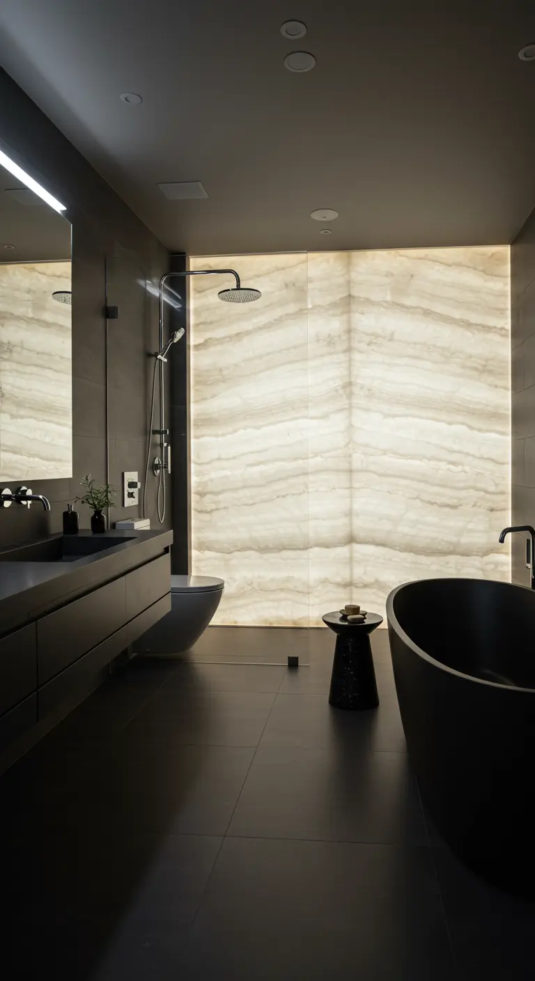 Dark bathroom featuring a massive, backlit onyx wall behind the tub and toilet.