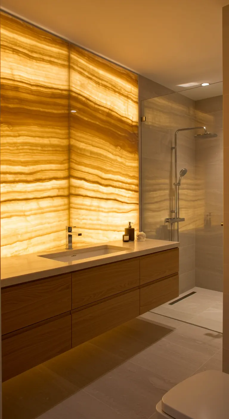 Bathroom with a large, glowing accent wall made of backlit translucent stone.