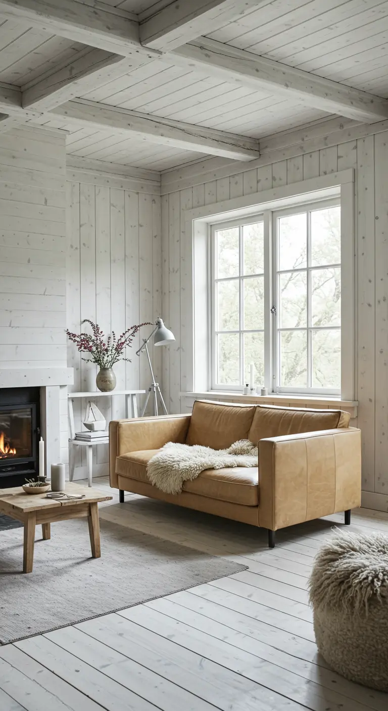 Bright Scandinavian-style room with whitewashed wood walls and a modern tan leather sofa.