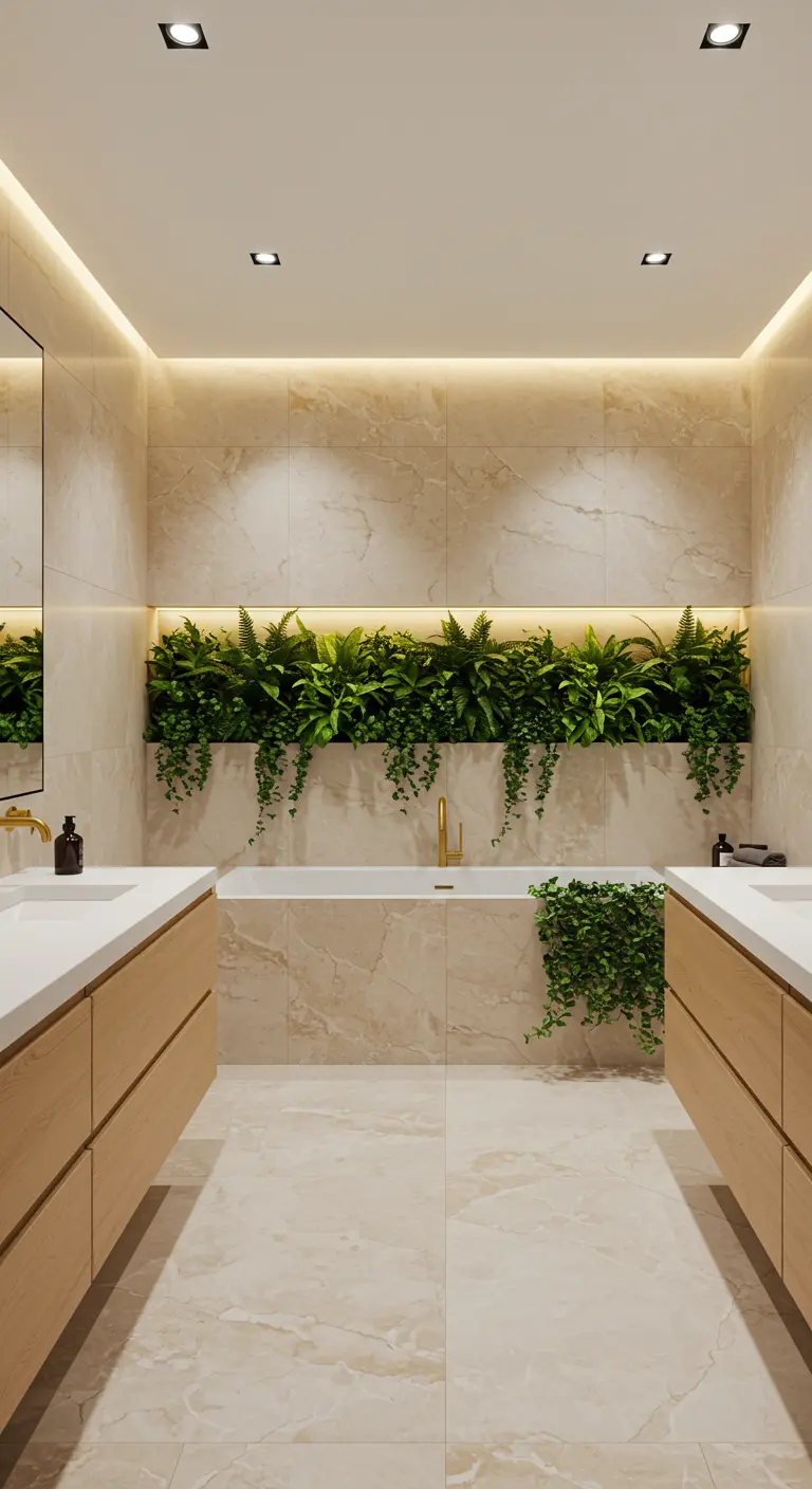 Symmetrical cream marble bathroom with a backlit planter niche above the tub.