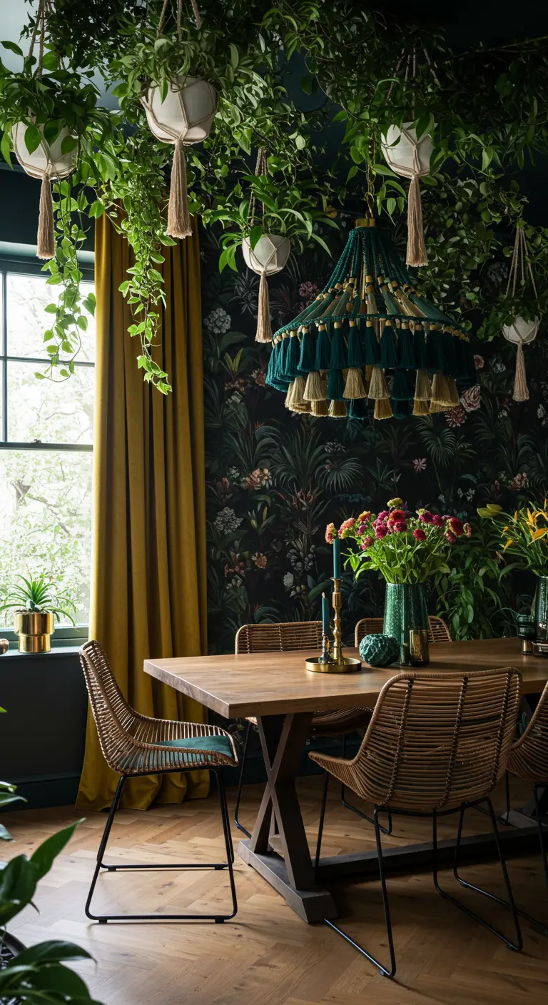 Dining room with dark floral wallpaper and many plants hanging from the ceiling around a chandelier.