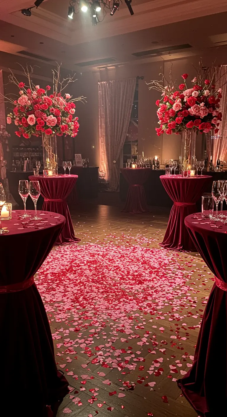 A party space with high-top tables on a wooden floor completely covered in a carpet of red and pink petals.