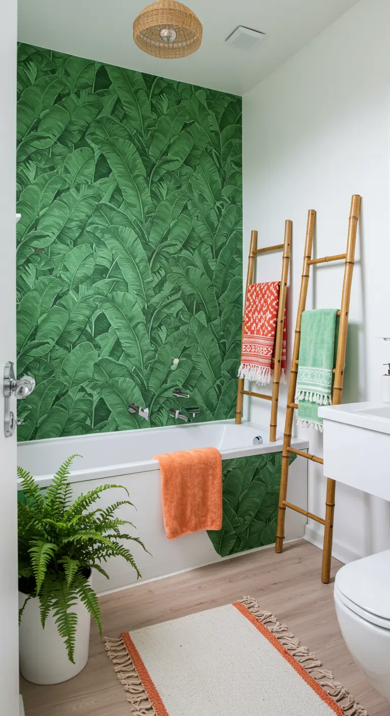 Bathroom with a bold banana leaf wallpaper accent wall behind the tub.