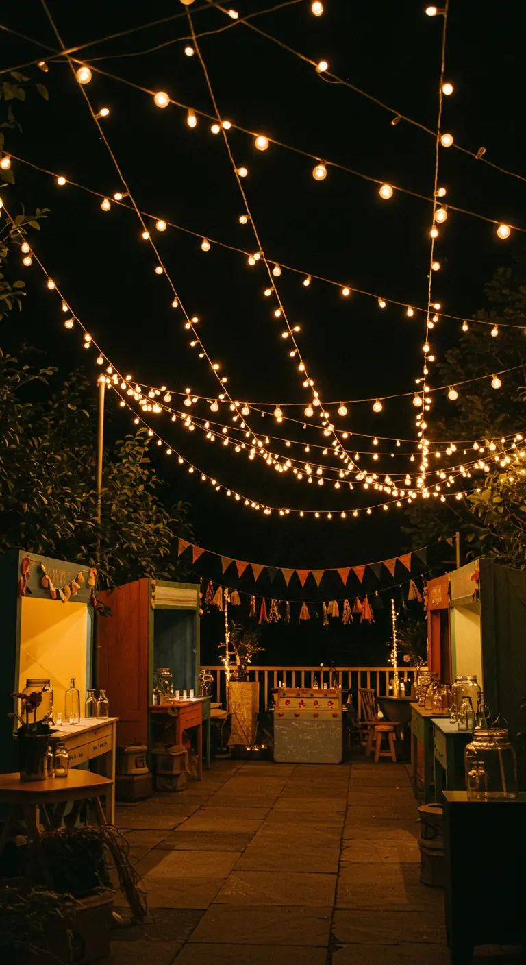 An outdoor carnival scene at night, illuminated by strings of warm globe lights.