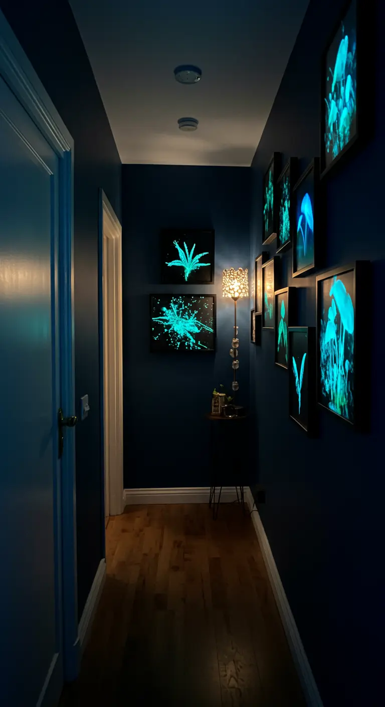 A dark hallway illuminated by a gallery wall of glowing, neon-like botanical prints.