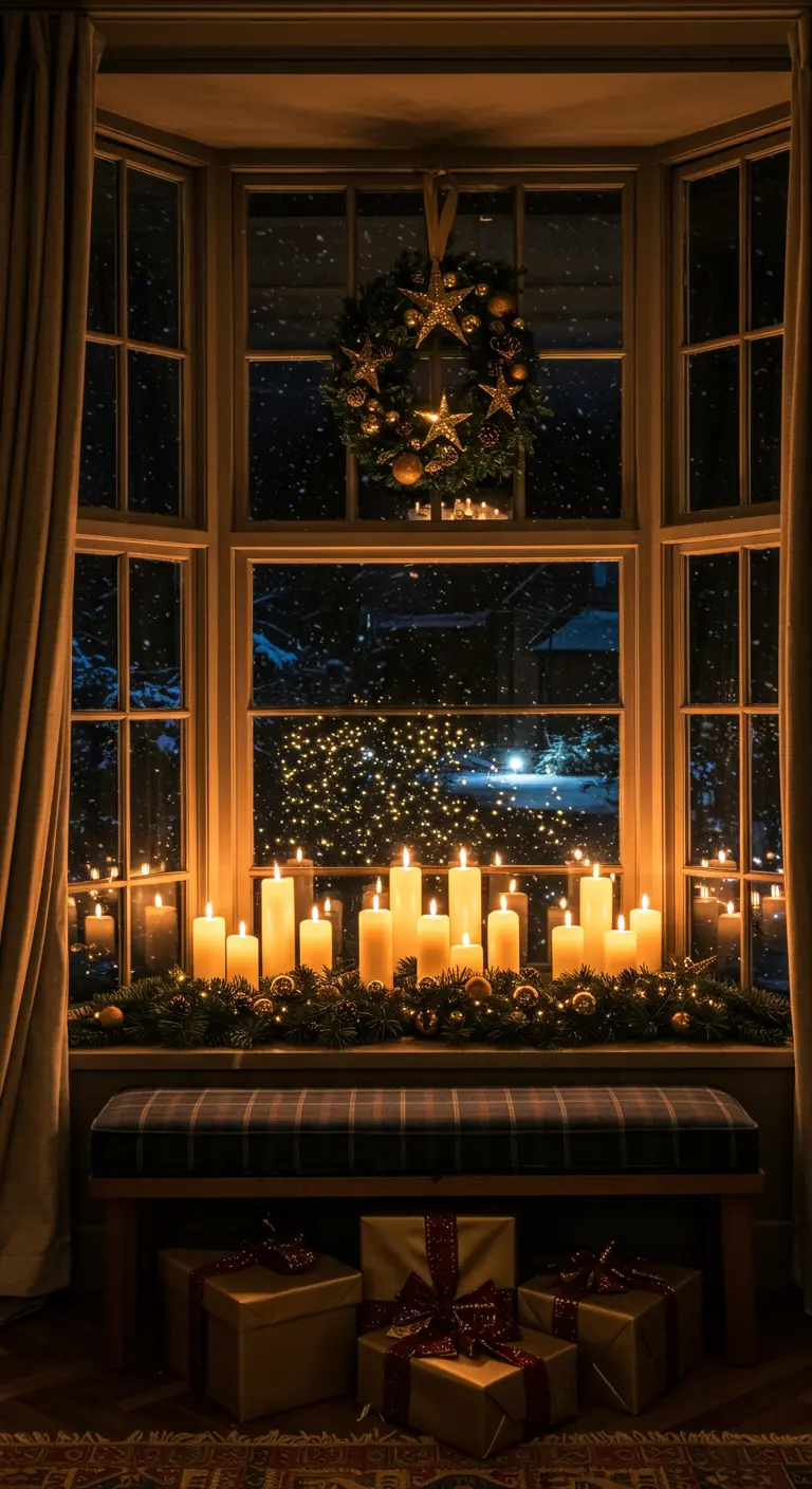 A bay window at night, lined with a row of glowing pillar candles and a hanging wreath.