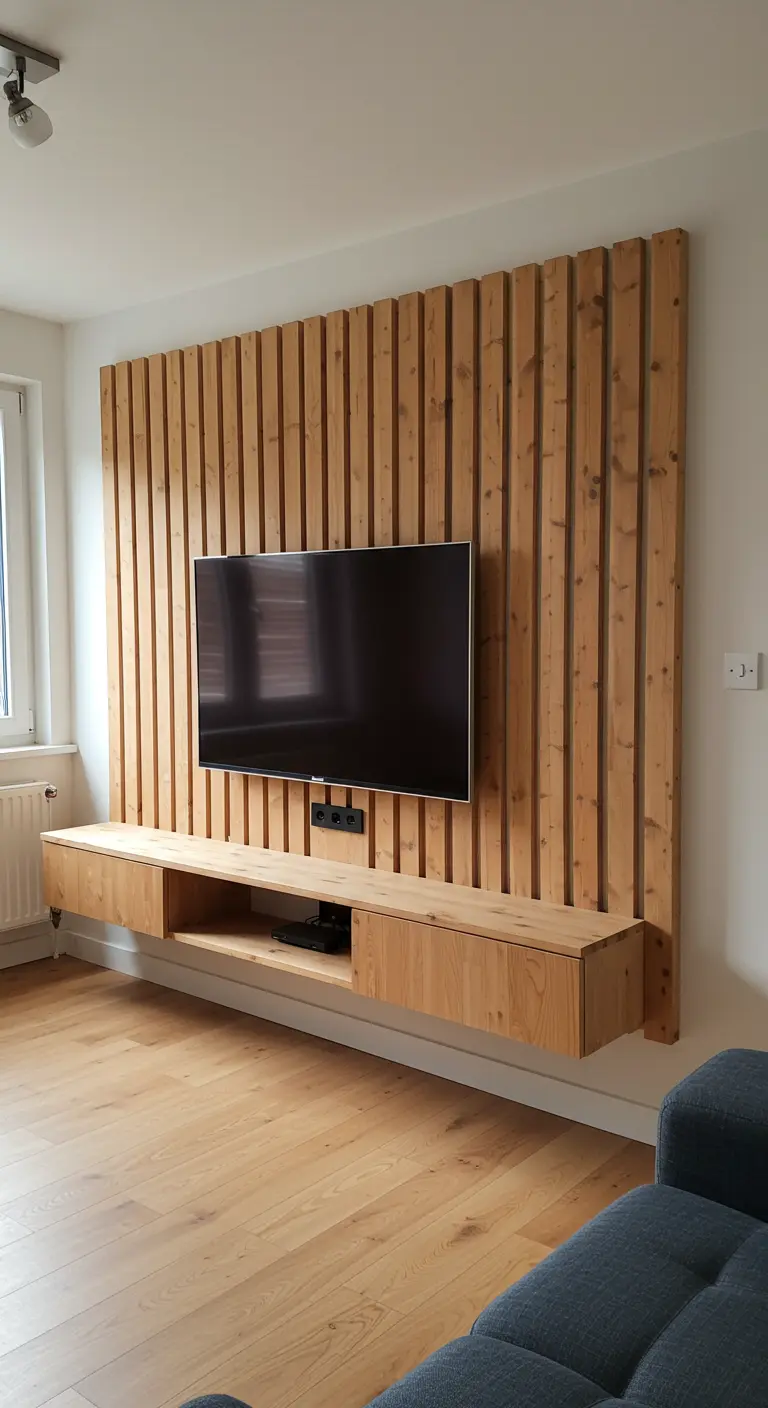 A vertical wood slat wall behind a wall-mounted TV and a floating media console.