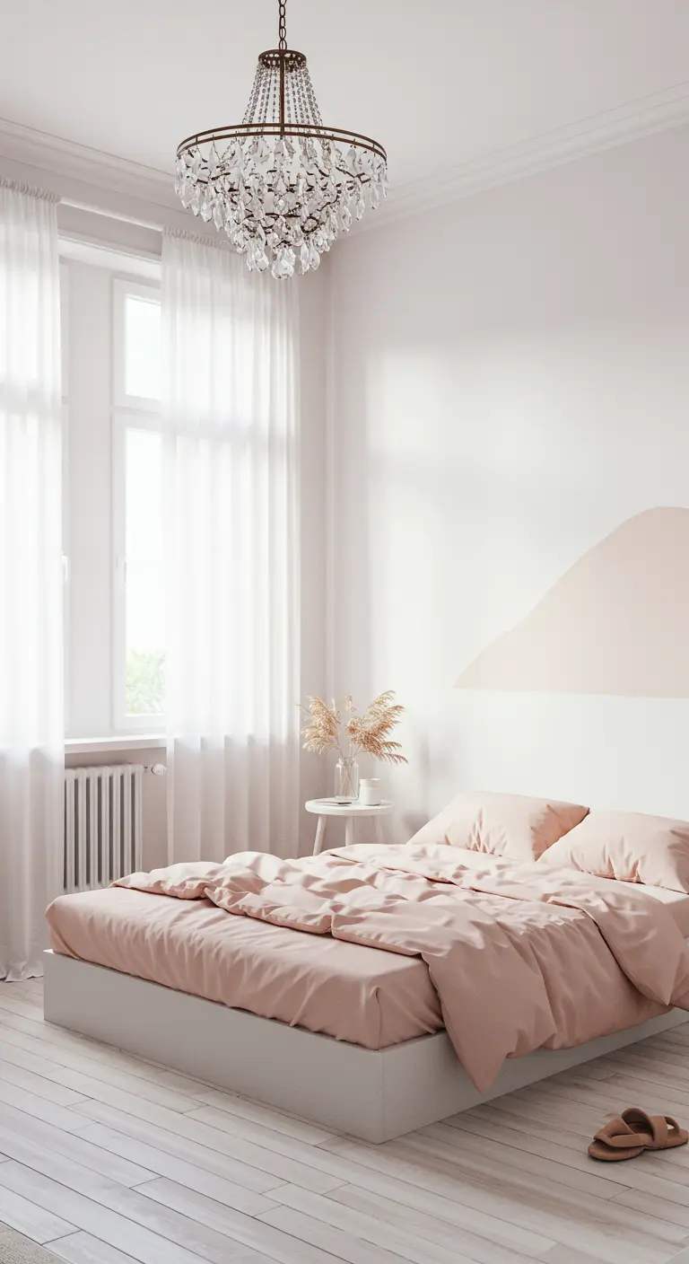 Minimalist bedroom with a painted blush arch on the wall behind the bed.