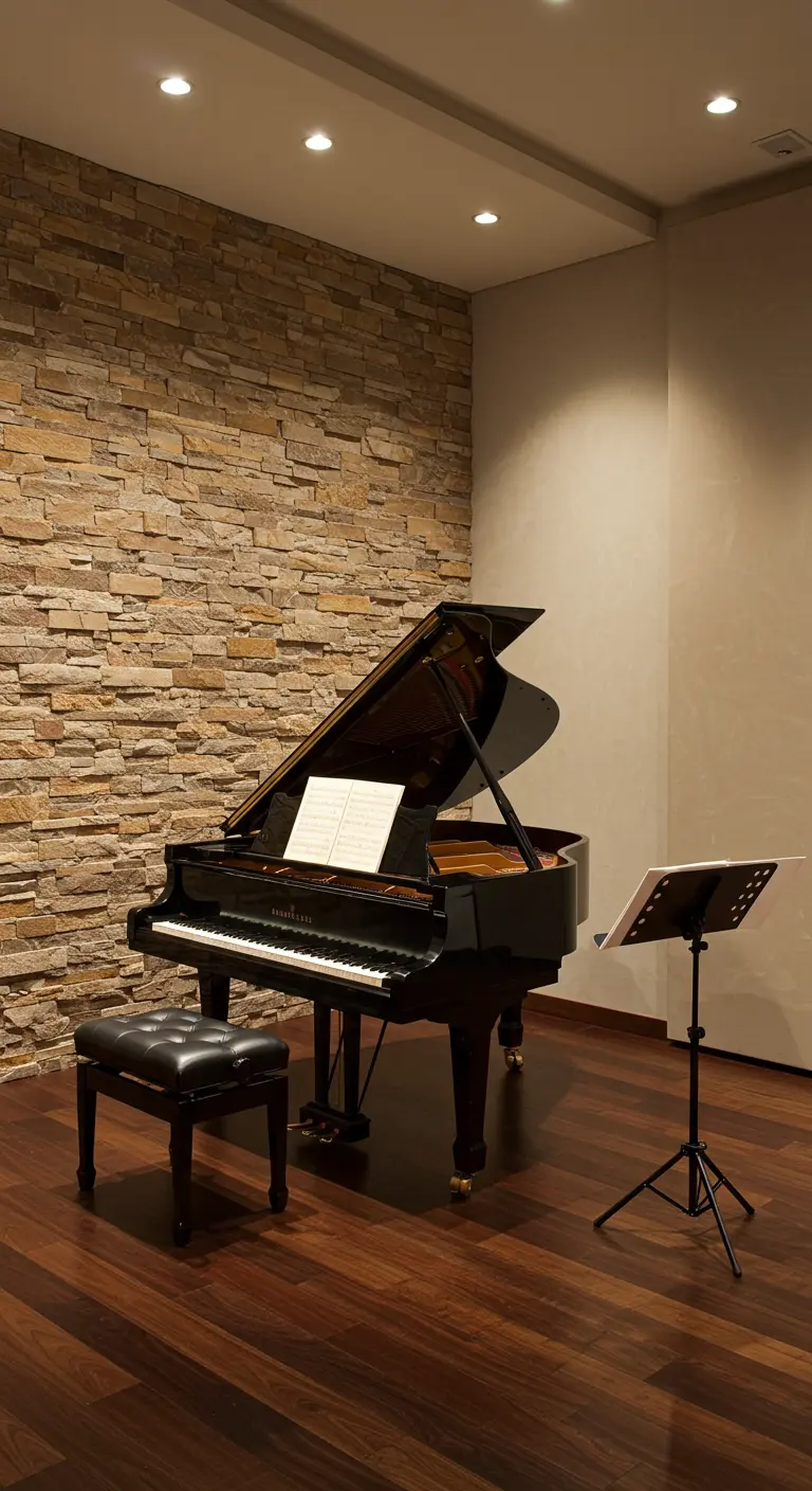 A modern music room with a stacked stone wall and a black grand piano.