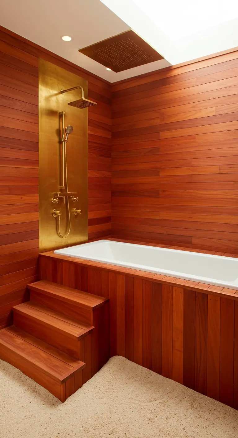 Sunken tub clad in teak wood with steps leading up, set against a brass wall panel.