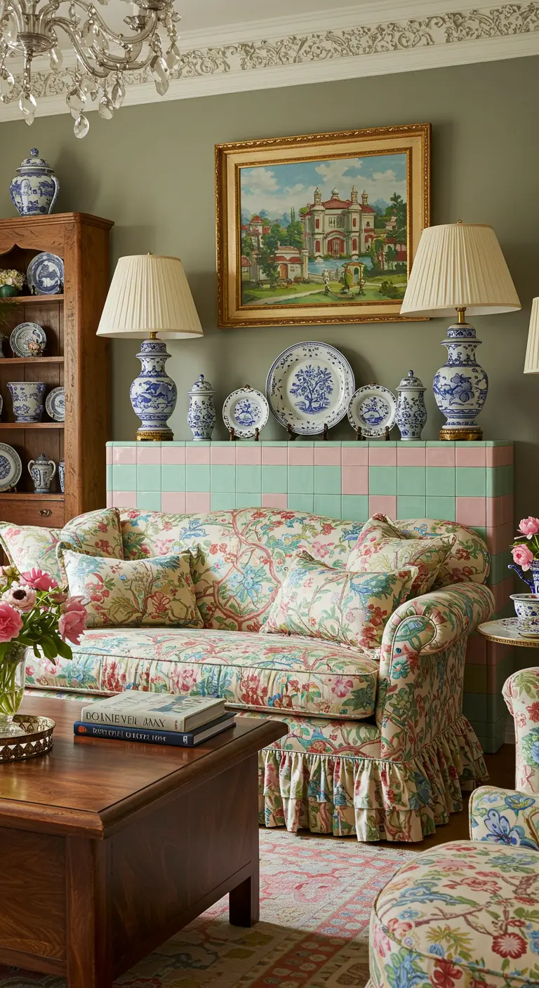 A grandmillennial living room with a floral sofa and a half-wall of mint and pink stacked tiles.