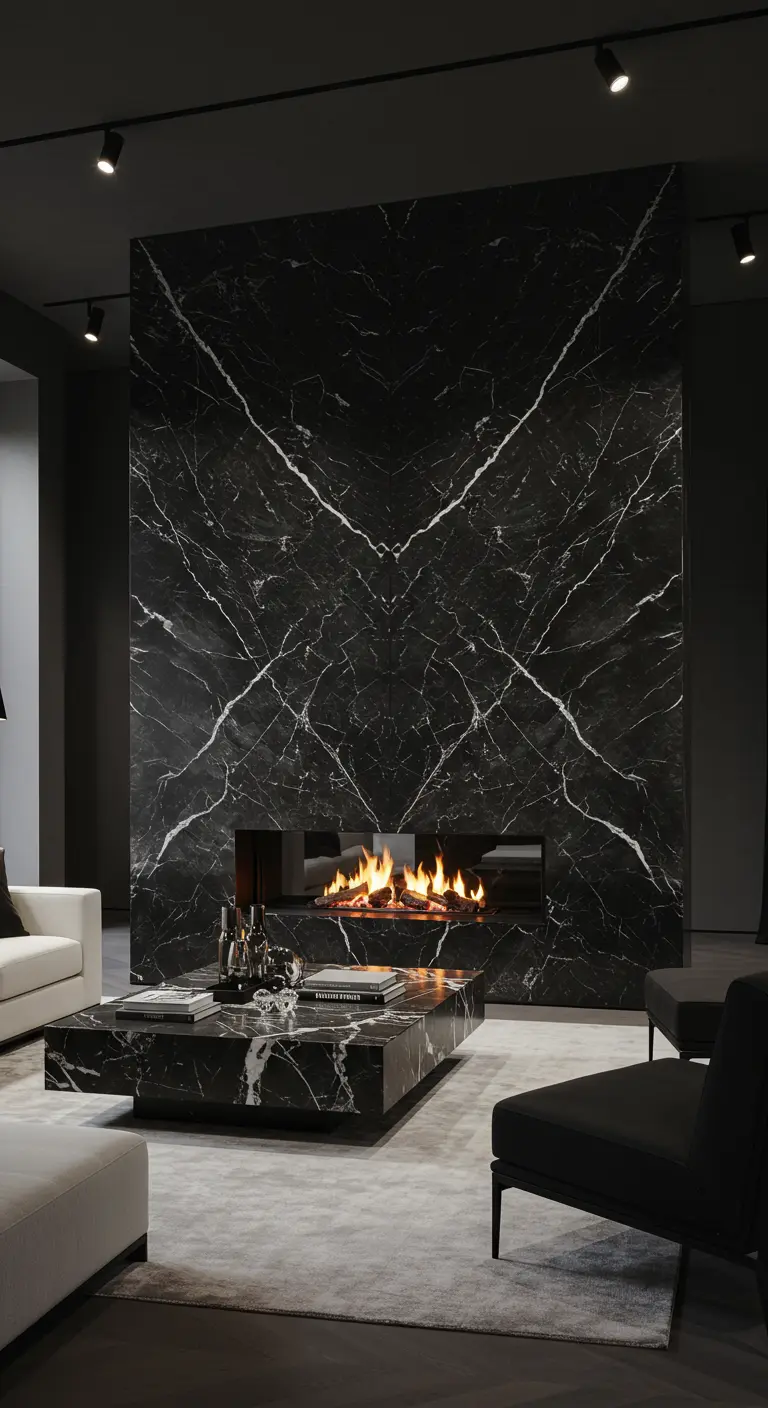 Dramatic living room with a floor-to-ceiling book-matched black marble fireplace wall.
