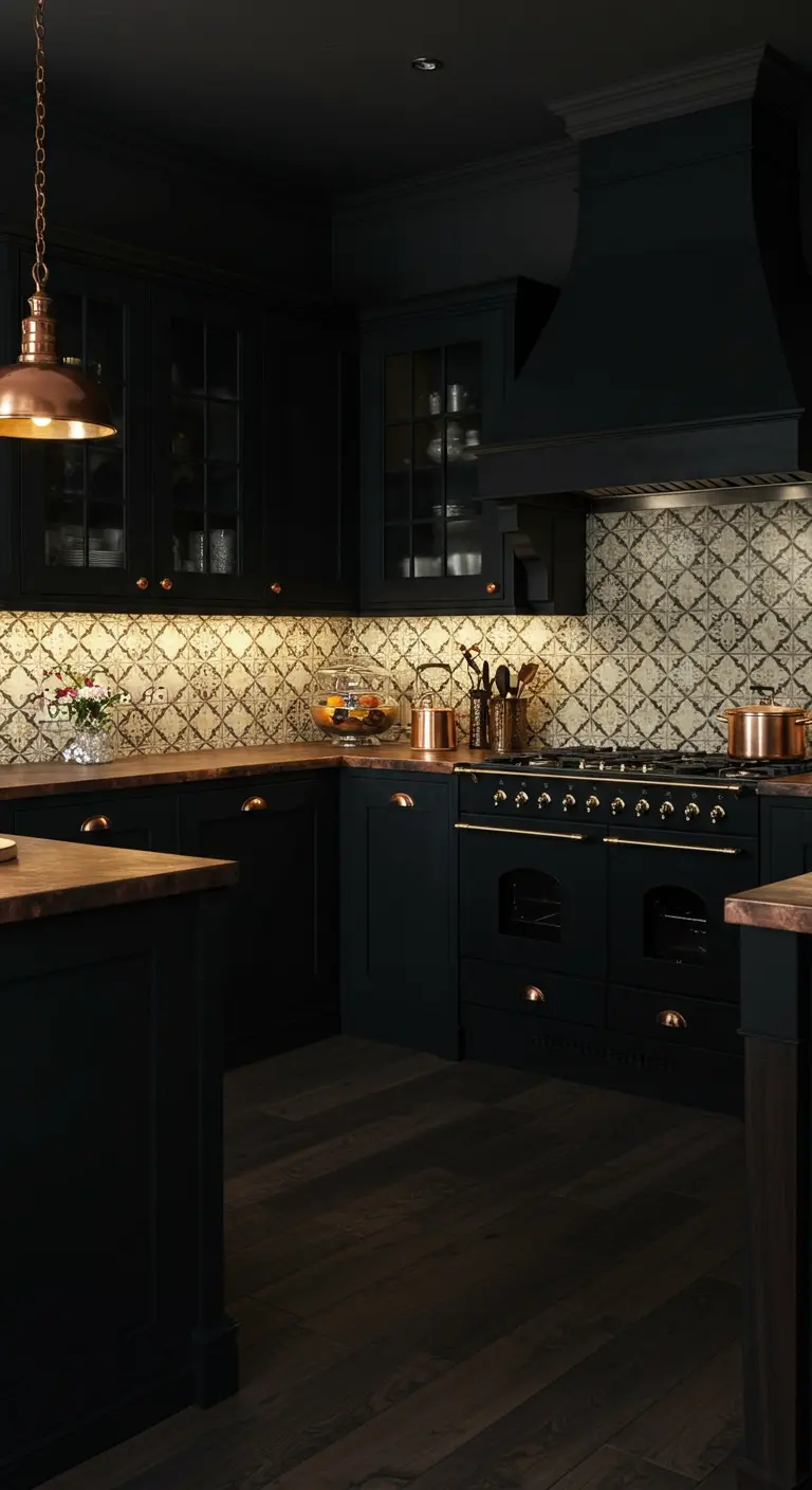 A dark, moody kitchen with black cabinets and a warm, cream and gold patterned tile backsplash.