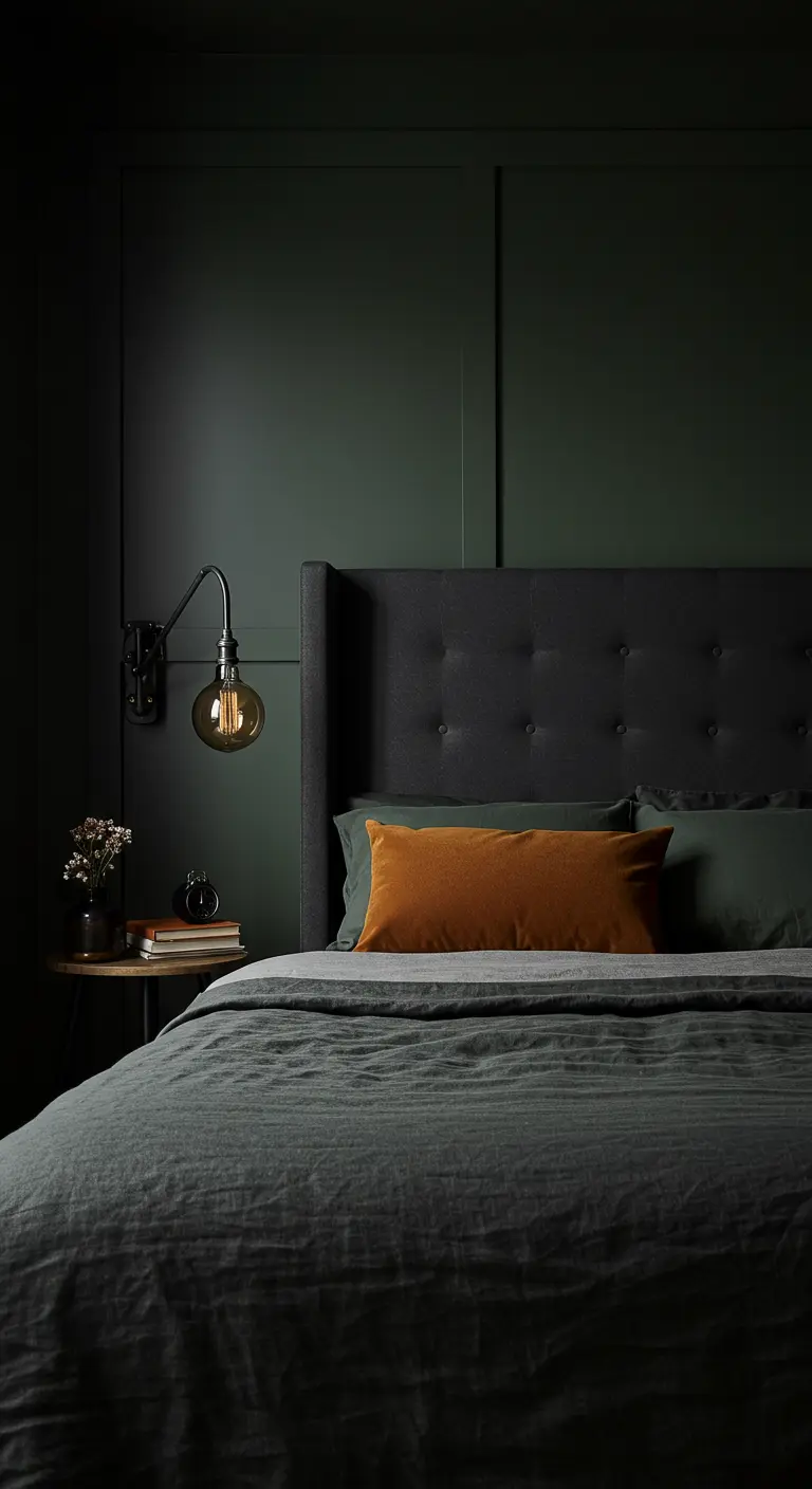 Moody bedroom with dark green walls, a charcoal bed, and a single rust-colored pillow.