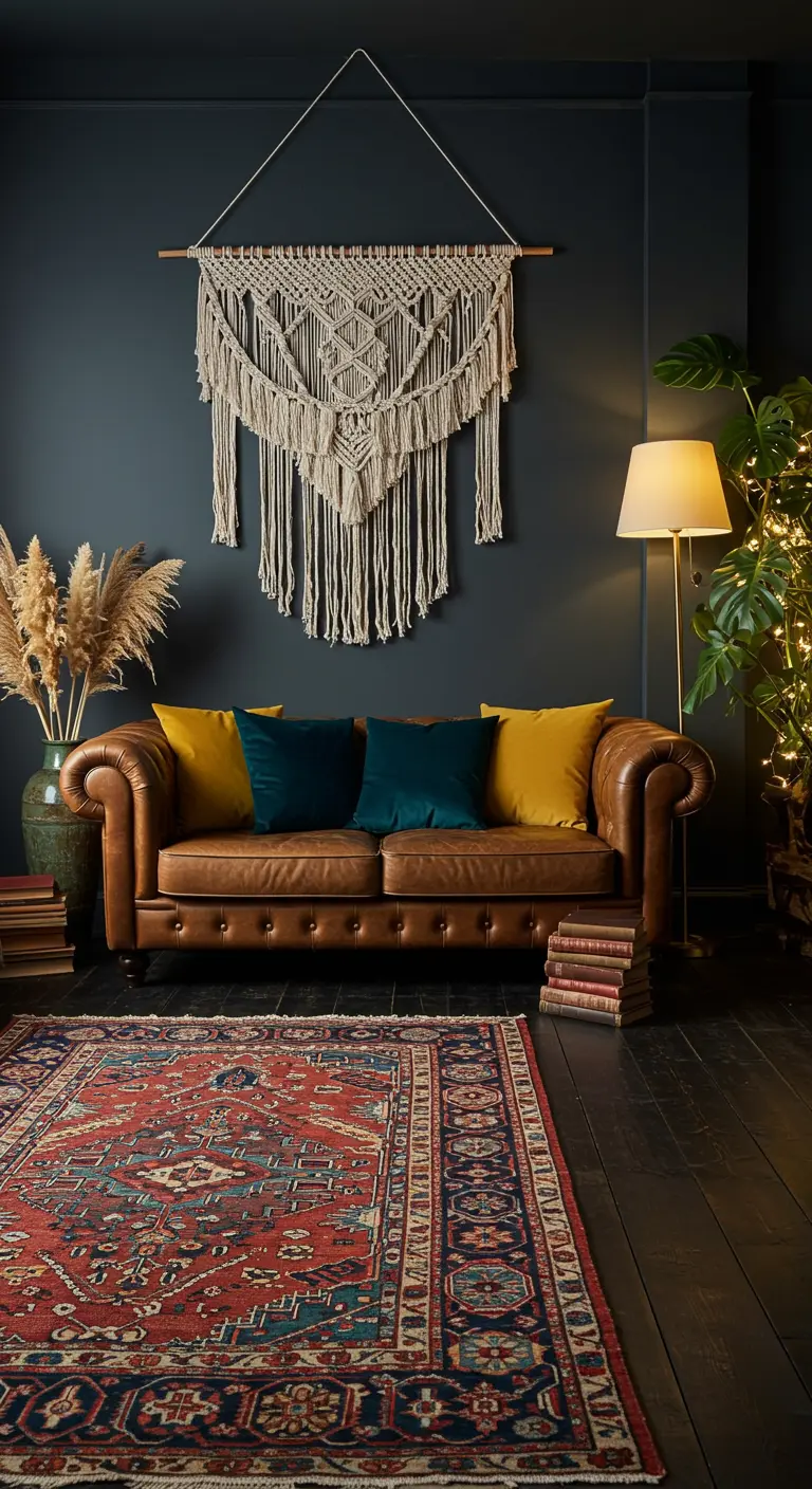 Dark, moody living room with a leather Chesterfield sofa and a macramé hanging on a navy wall.