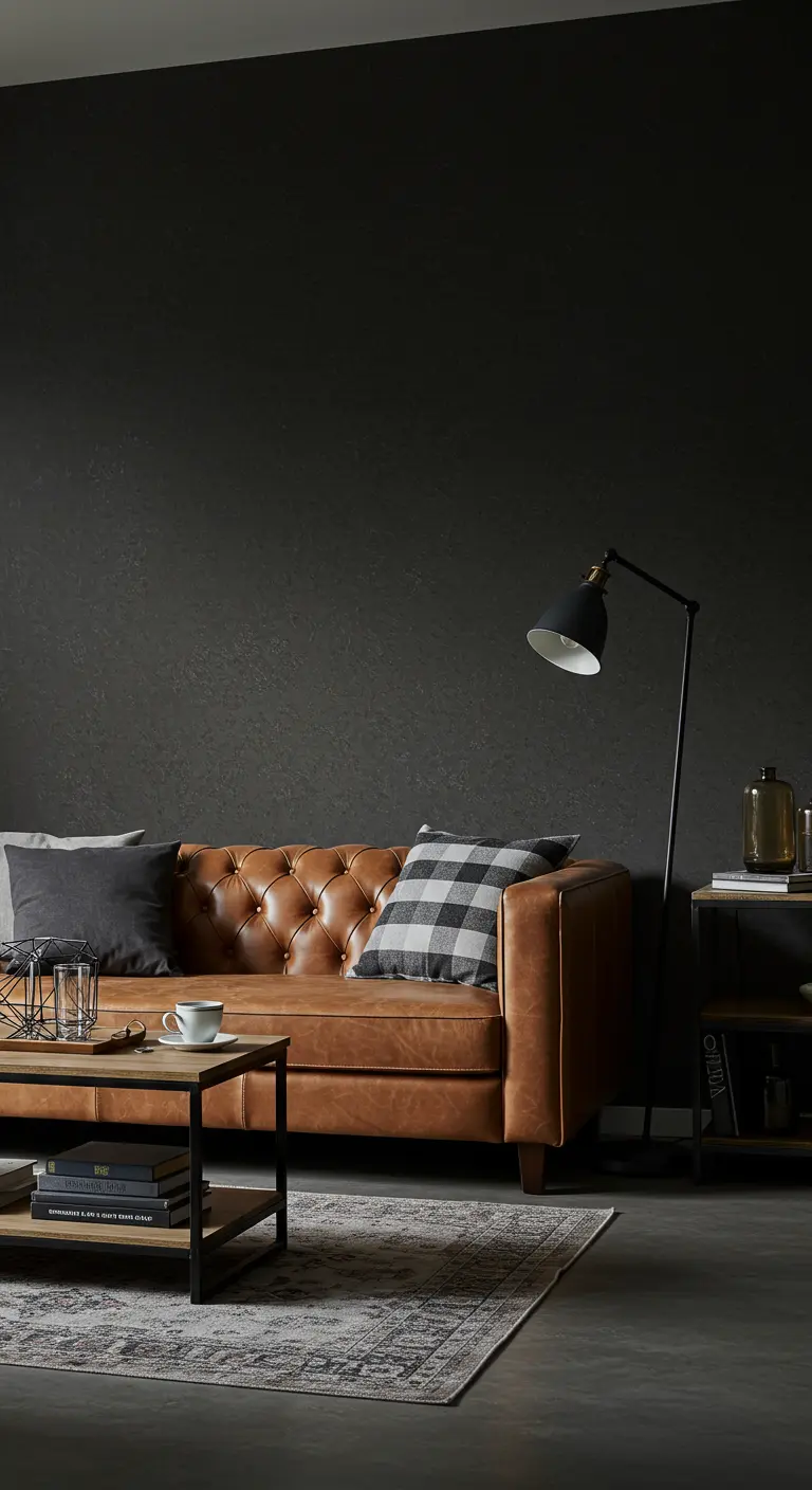 A moody living room with dark charcoal walls and a tufted brown leather sofa.