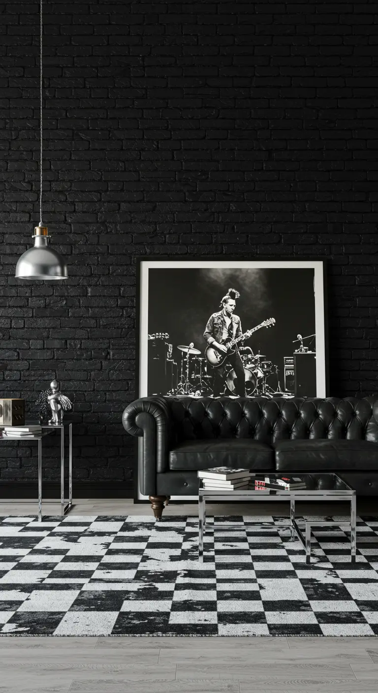 Living room with a black brick wall, a chesterfield sofa, and a large concert photograph.