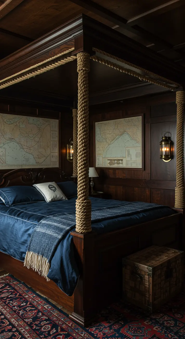 Dark wood paneled bedroom with a four-poster bed, its posts wrapped in thick rope.