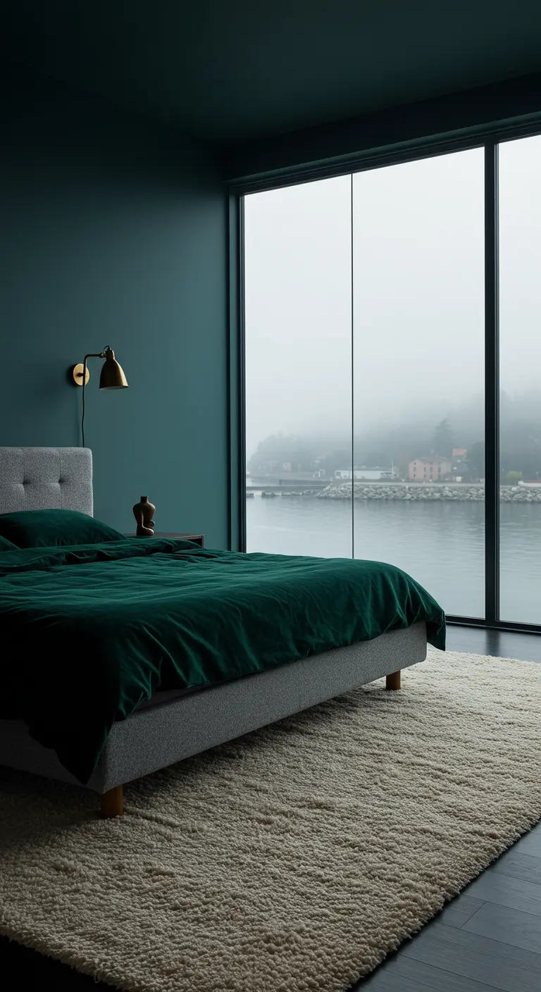 A bedroom with dark green walls and bedding, looking out a large window to a foggy shoreline.