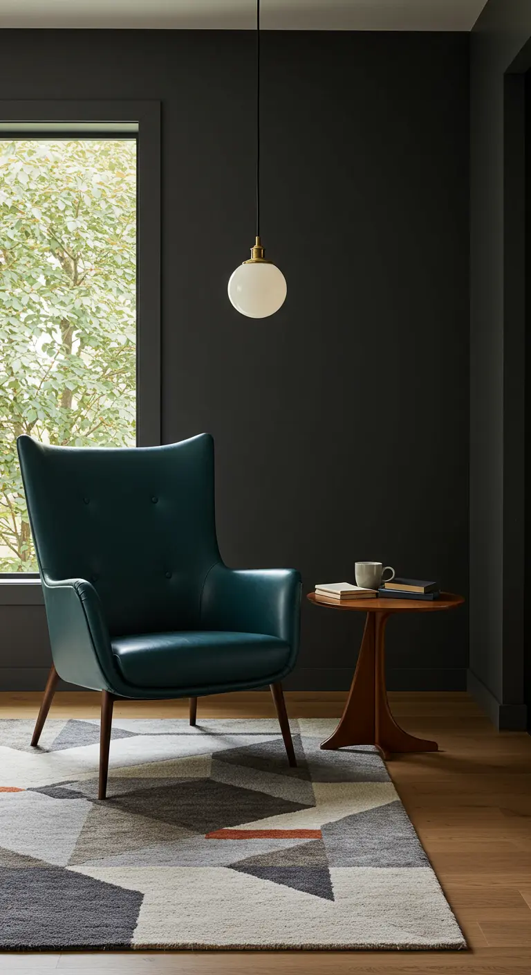 A dark teal leather armchair sits in a corner with dark gray walls and a pendant light.
