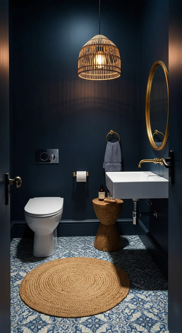 Moody blue powder room with patterned tile and a single rattan pendant.