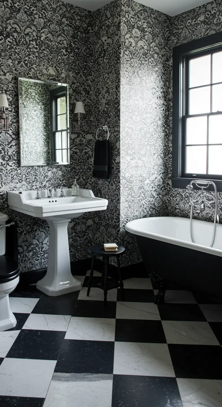 Bathroom with black damask wallpaper on all walls and a black clawfoot tub.