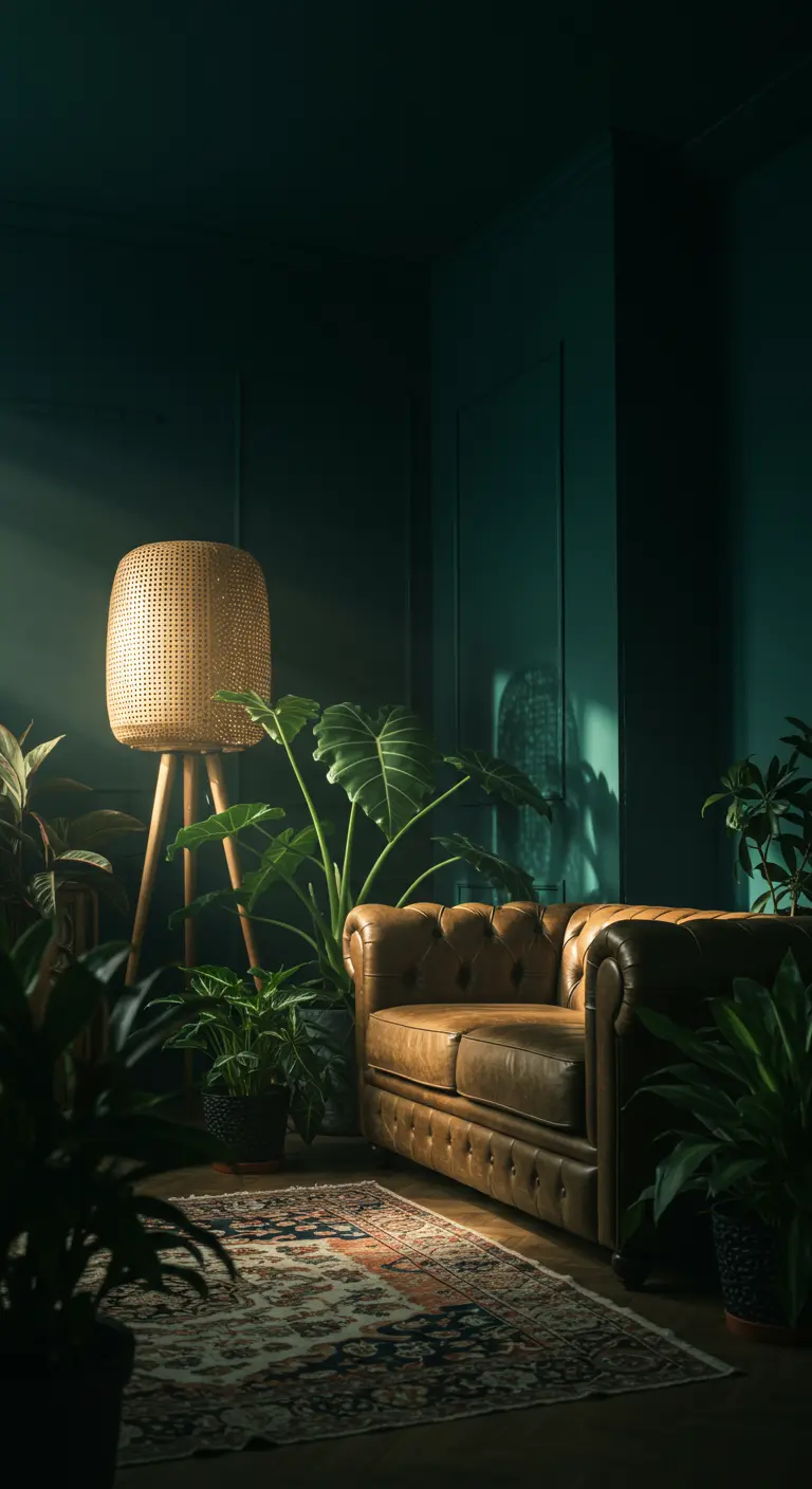 A dark, moody living room corner with a leather chesterfield sofa and a large plant lit by a wicker lamp.