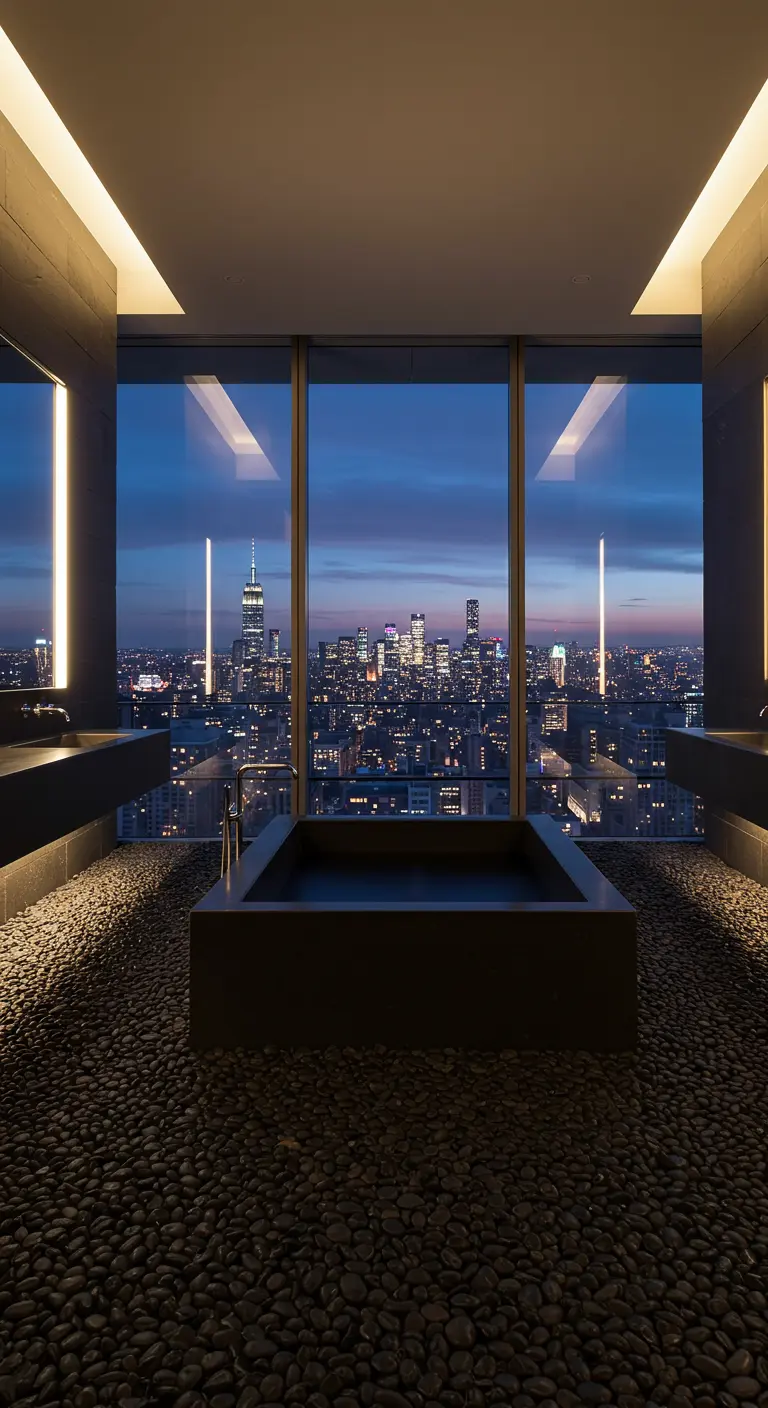 Dark minimalist bathroom with a sunken tub overlooking a city at night.